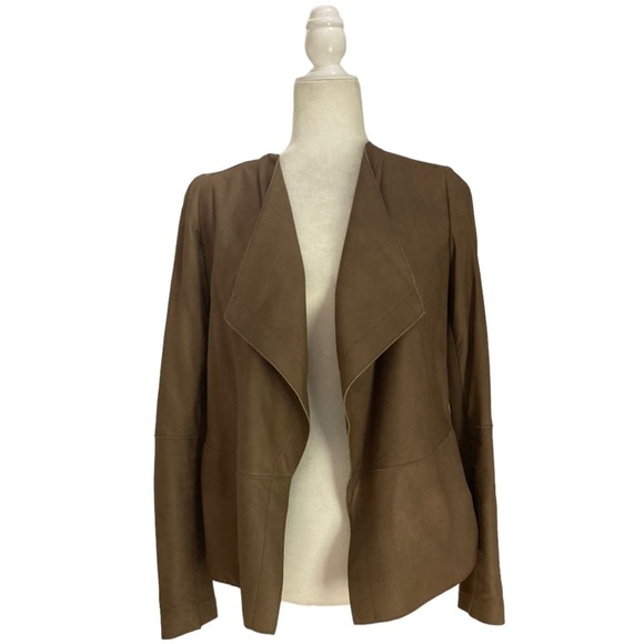 Vince Leather Jacket Draped Collar Open Front in Cocoa Brown - Picture 2 of 11